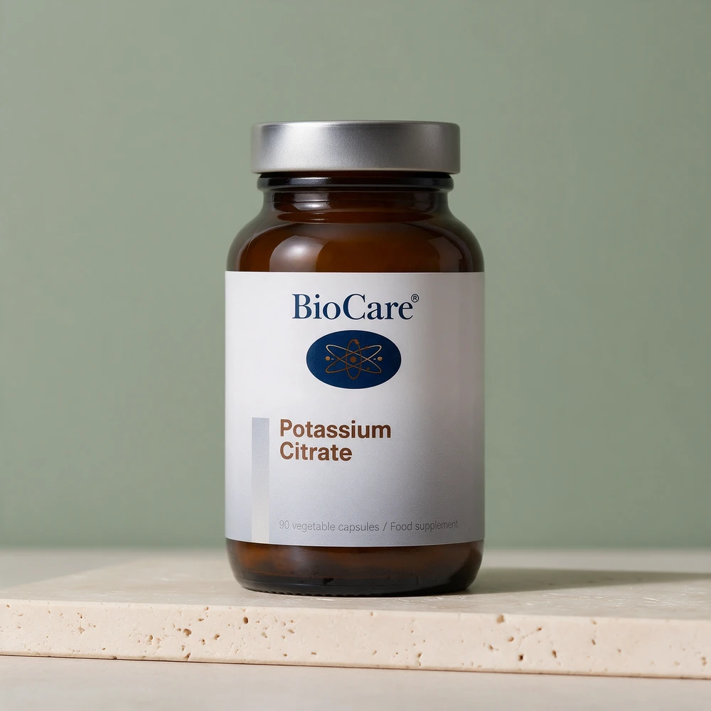 BioCare Potassium Citrate, brun glassflaske med 90 vegetabilske kapsler