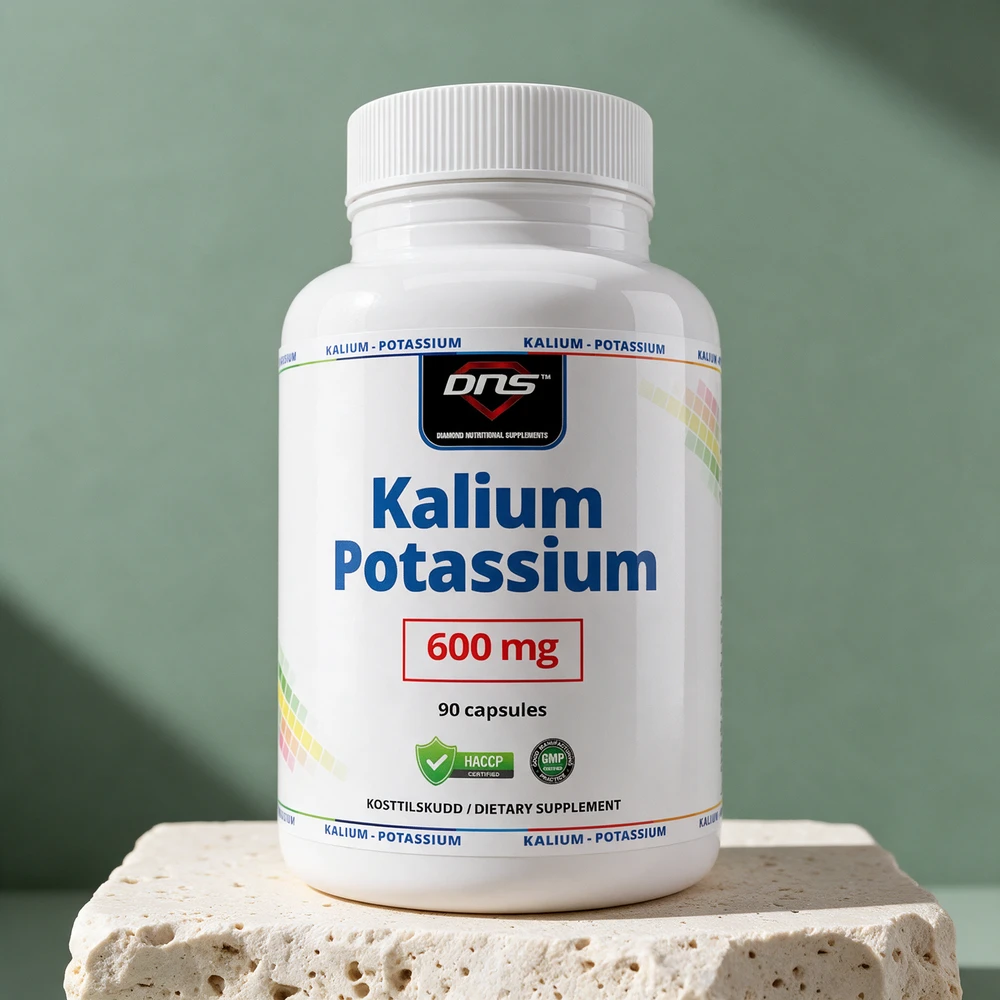DNS Kalium Potassium, hvit boks med 90 kapsler og 600 mg på forsiden