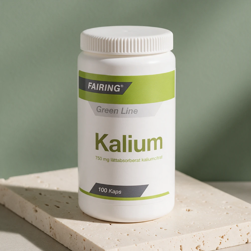 Fairing Kalium Green Line, hvit boks med 100 kapsler og 750 mg kaliumcitrat på forsiden