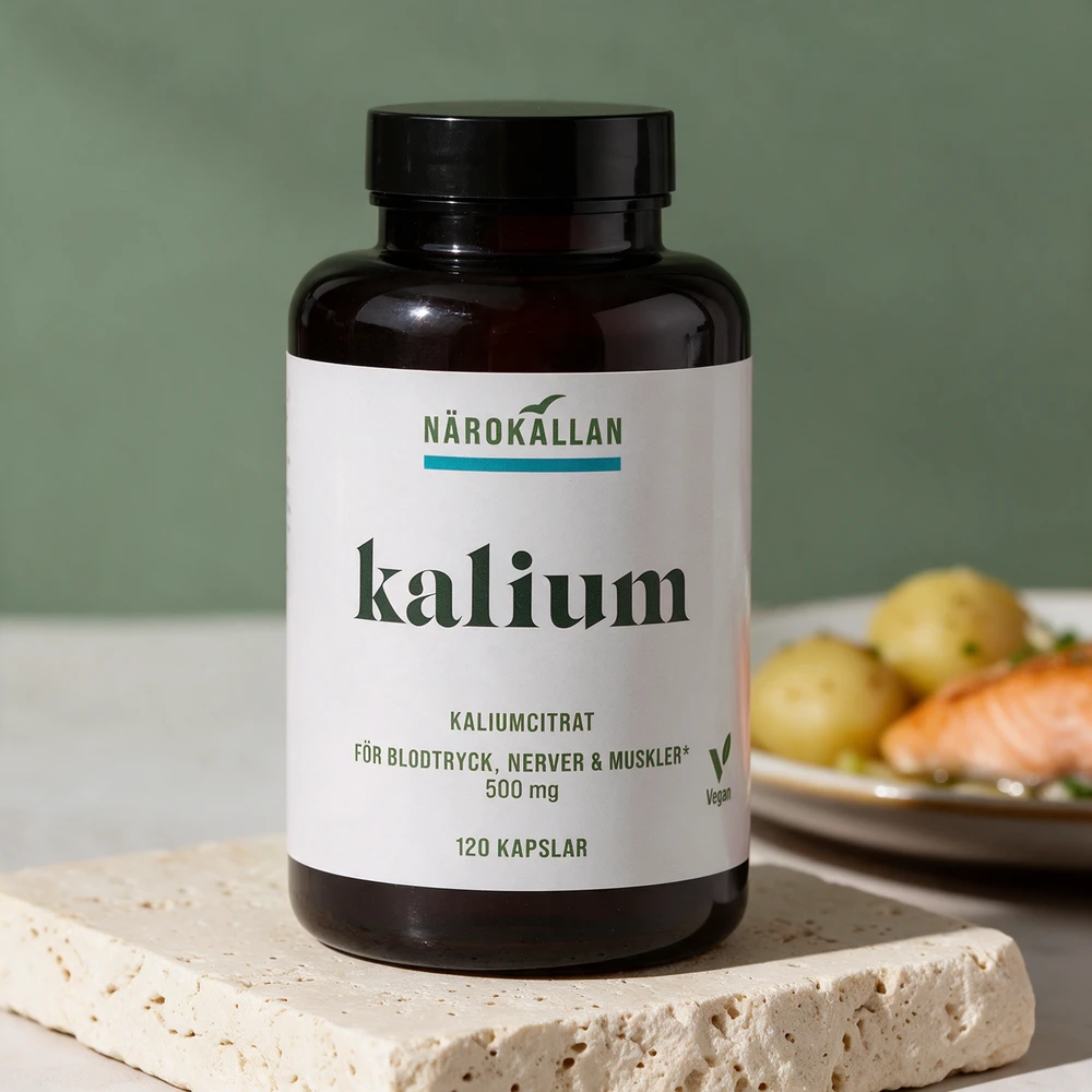 Närokällan Kaliumcitrat, brun glassflaske med 120 kapsler