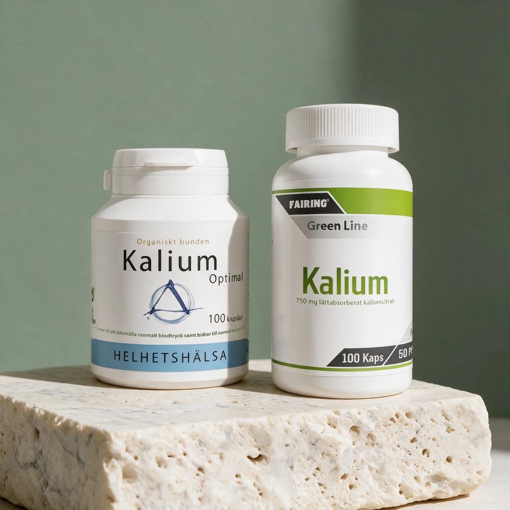 Helhetshälsa Kalium Optimal og Fairing Kalium, to hvite bokser med 100 kapsler hver