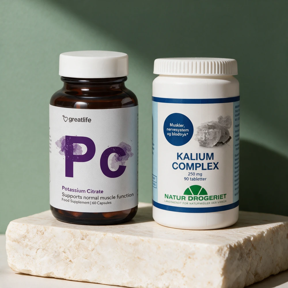 Greatlife Kaliumcitrat i brun glassflaske og Natur Drogeriet Kalium Complex i hvit boks
