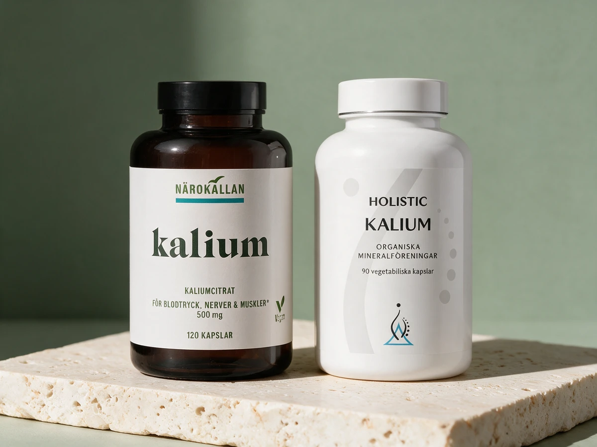 Närokällan Kaliumcitrat i brun glassflaske og Holistic Kalium i hvit flaske