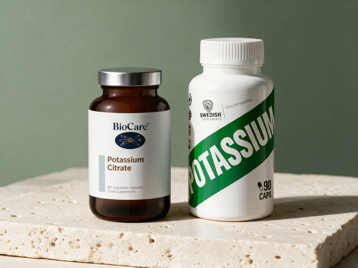 BioCare Potassium Citrate i brun glassflaske og Swedish Supplements Potassium i hvit boks med grønt skråbånd