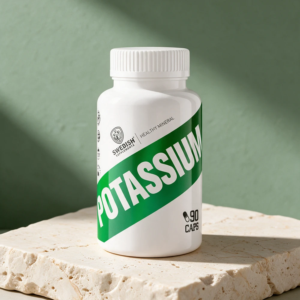 Swedish Supplements Potassium, hvit boks med grønt skråbånd og 90 kapsler