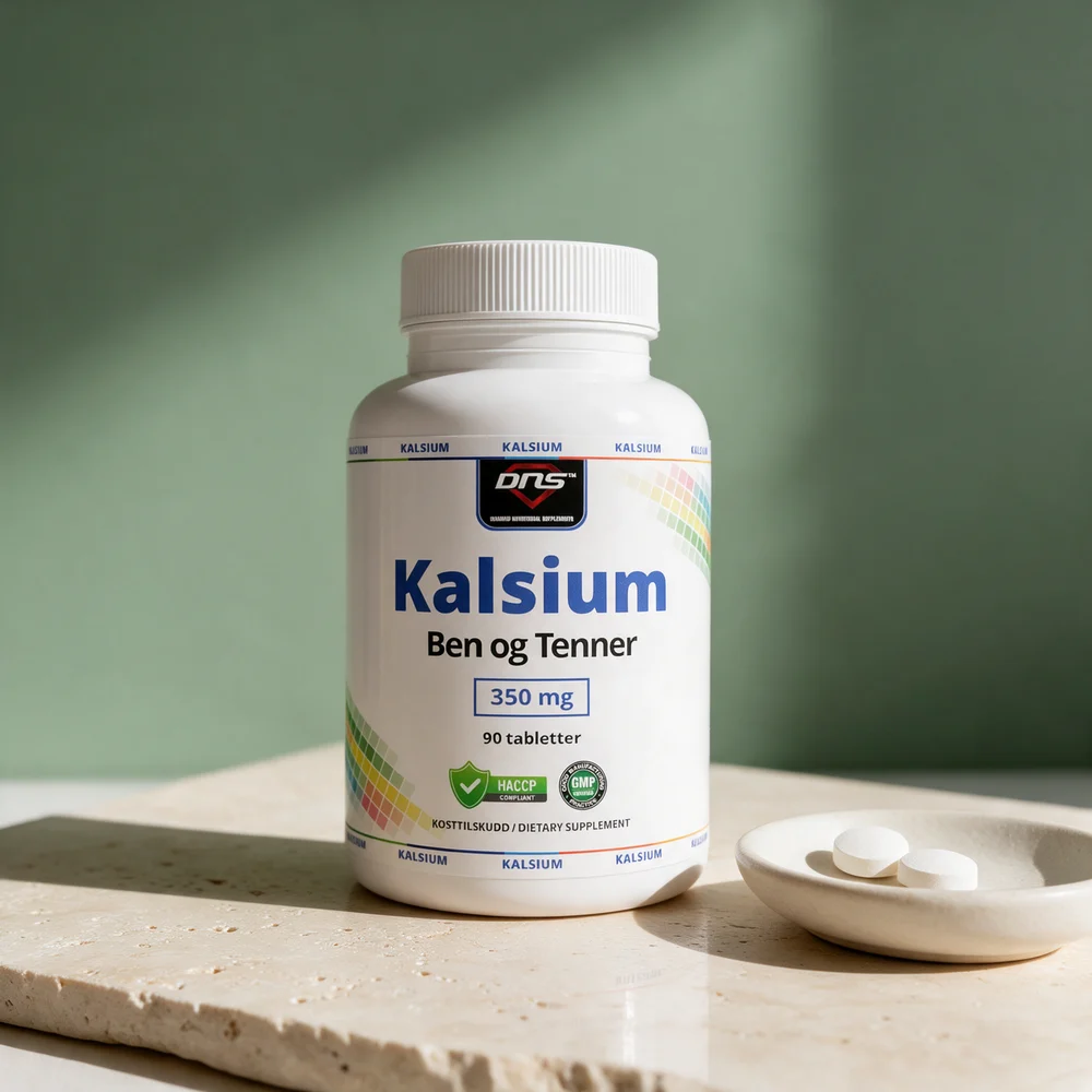 DNS Kalsium Ben og Tenner 350 mg og to hvite tabletter, dagens dose