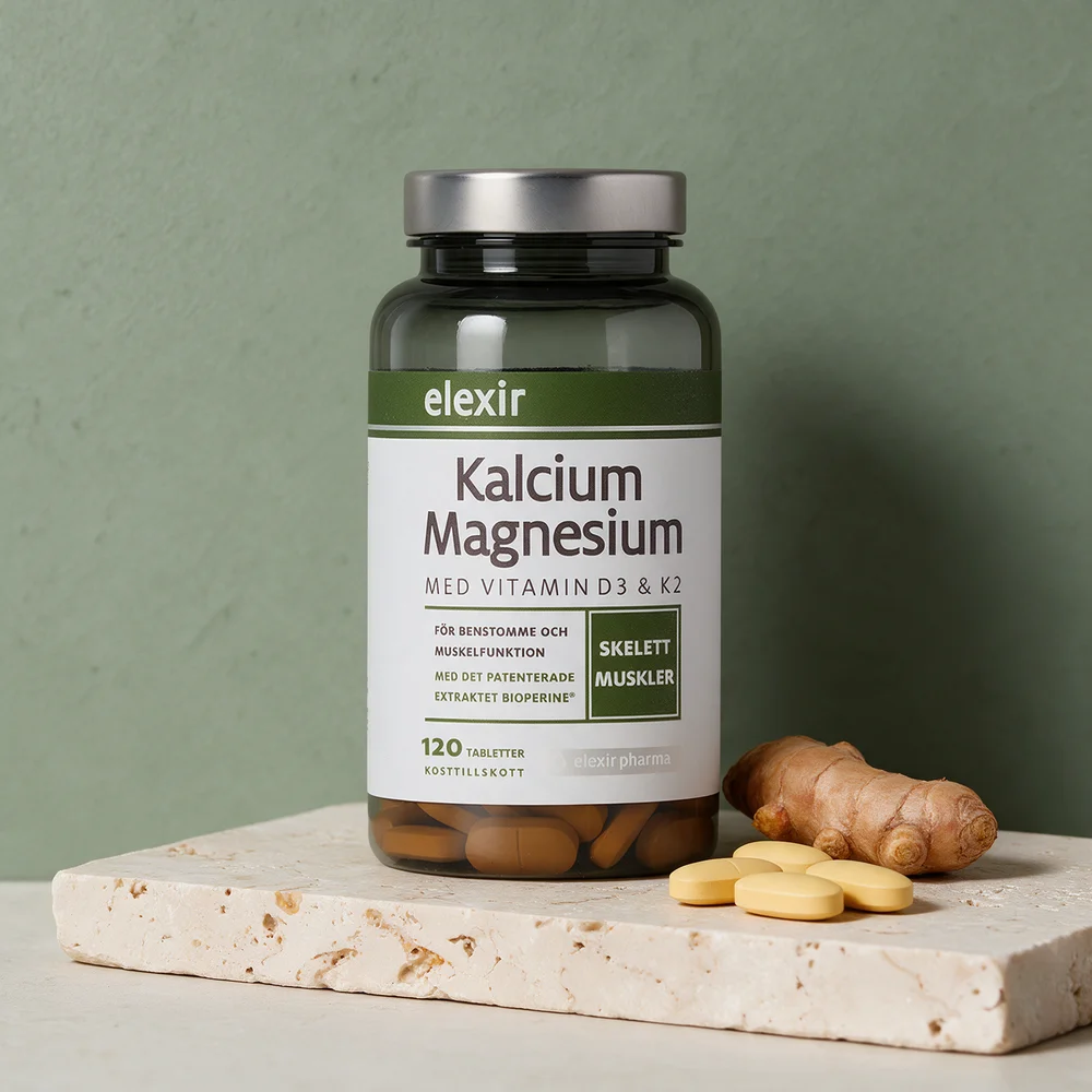 Elexir Kalcium Magnesium med D3 og K2, 120 tabletter, og fire gule tabletter foran boksen
