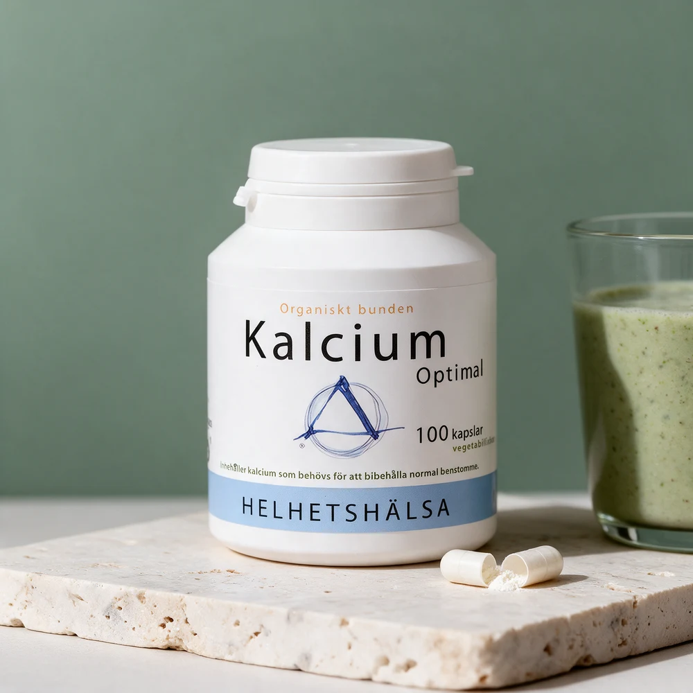 Helhetshälsa Kalcium Optimal og en kapsel delt i to, med hvitt sitratpulver