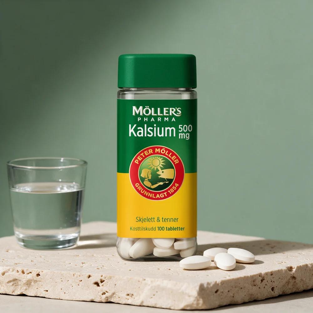 Møllers Pharma Kalsium 500 mg med avlange, mandelformede tabletter i og foran den klare boksen