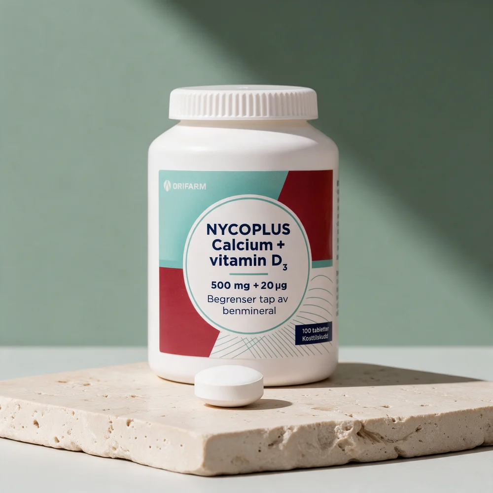 Nycoplus Calcium + vitamin D3 merket 500 mg + 20 µg, med én rund hvit tablett foran boksen