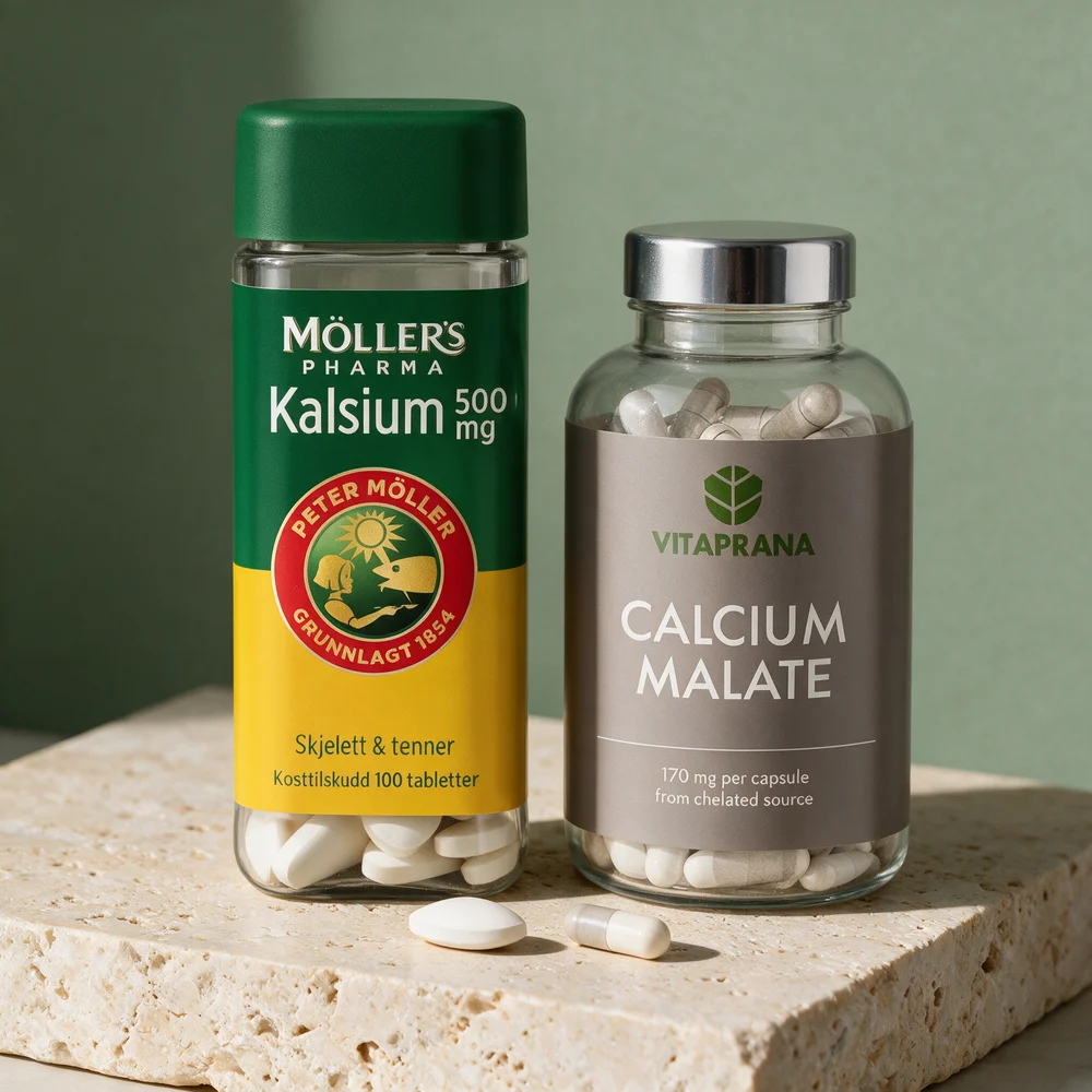 Møllers Pharma Kalsium med 500 mg per tablett og Vitaprana Calcium Malate med 170 mg per kapsel