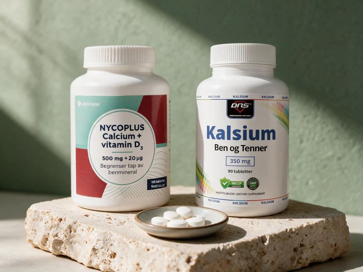 Nycoplus Calcium + D3, merket 500 mg + 20 µg, og DNS Kalsium Ben og Tenner, merket 350 mg, med hvite tabletter foran boksene