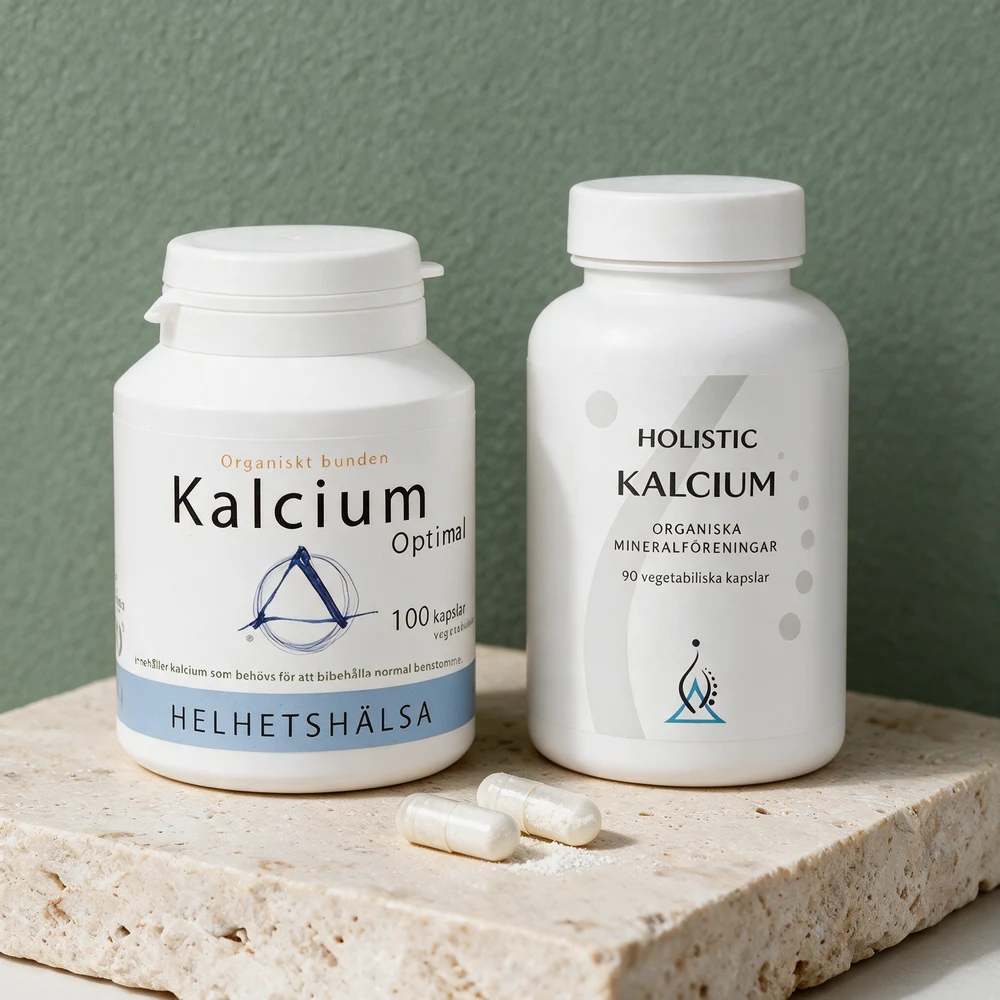 Helhetshälsa Kalcium Optimal og Holistic Kalsium, to kapselbokser, med to hvite kapsler foran