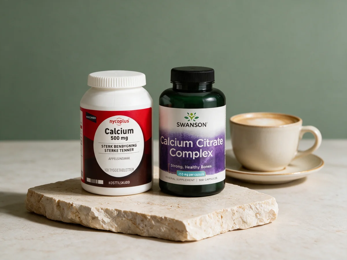 Nycoplus Calcium tyggetabletter og Swanson Calcium Citrate Complex, to kalsiumprodukter som tas på ulike måter