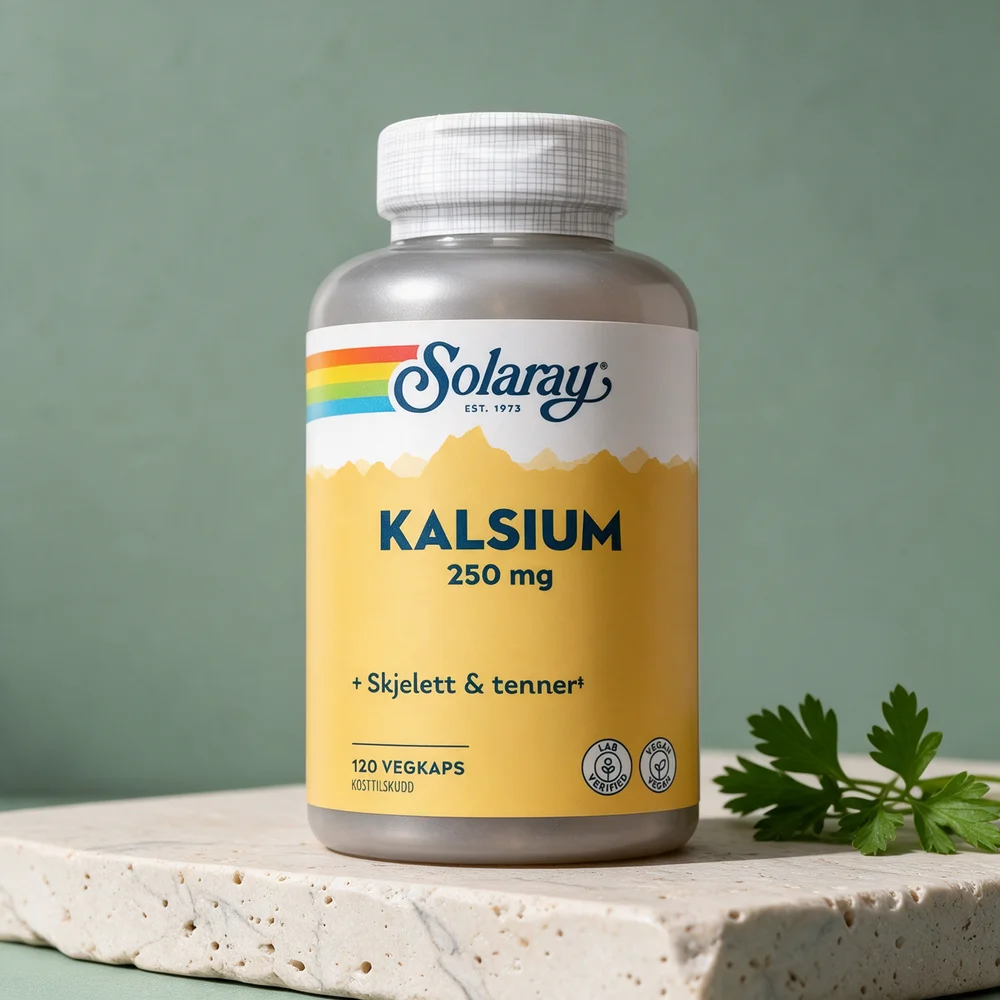 Solaray Kalsium 250 mg, 120 vegetabilske kapsler, med persilleblad ved siden av