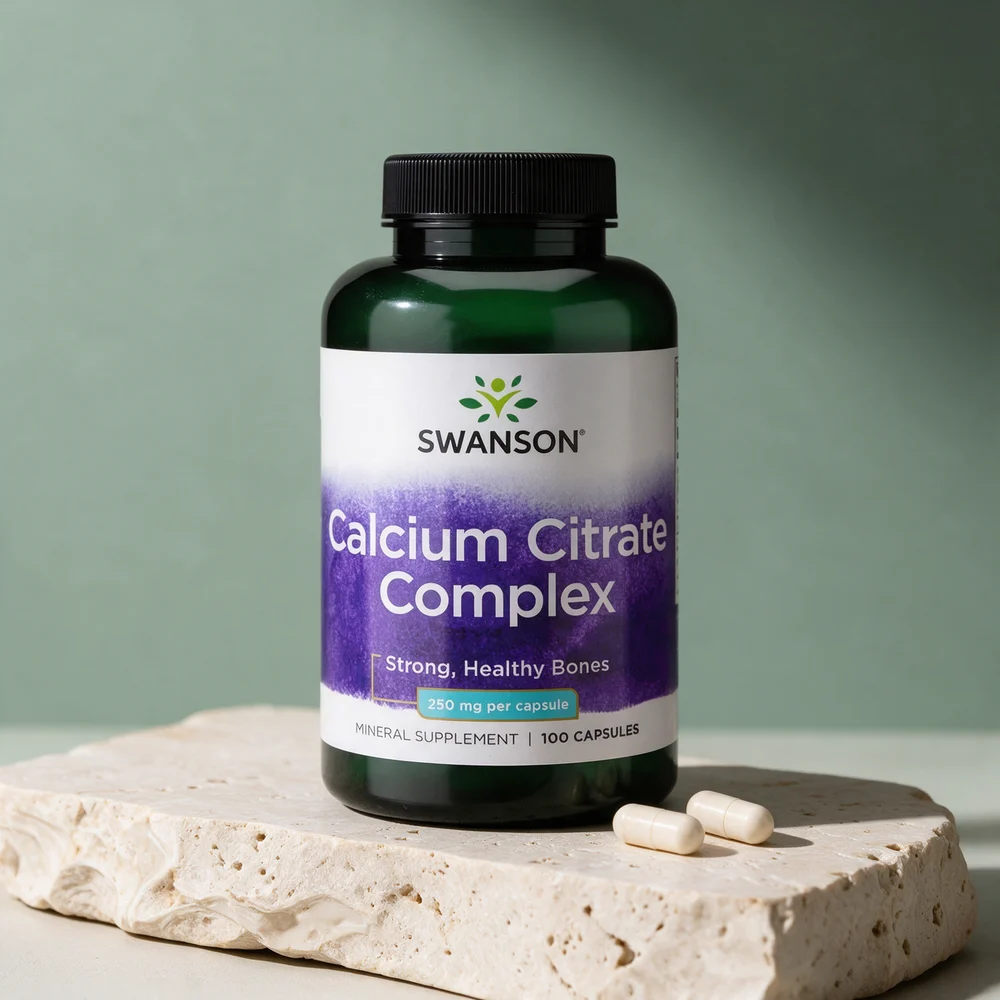 Swanson Calcium Citrate Complex, 250 mg per kapsel, med to middels store kapsler foran boksen