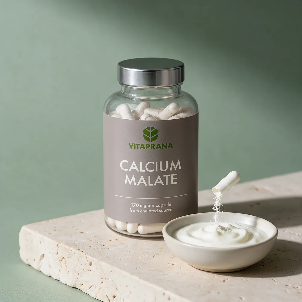 Vitaprana Calcium Malate og en åpnet kapsel som tømmes i en skål fil