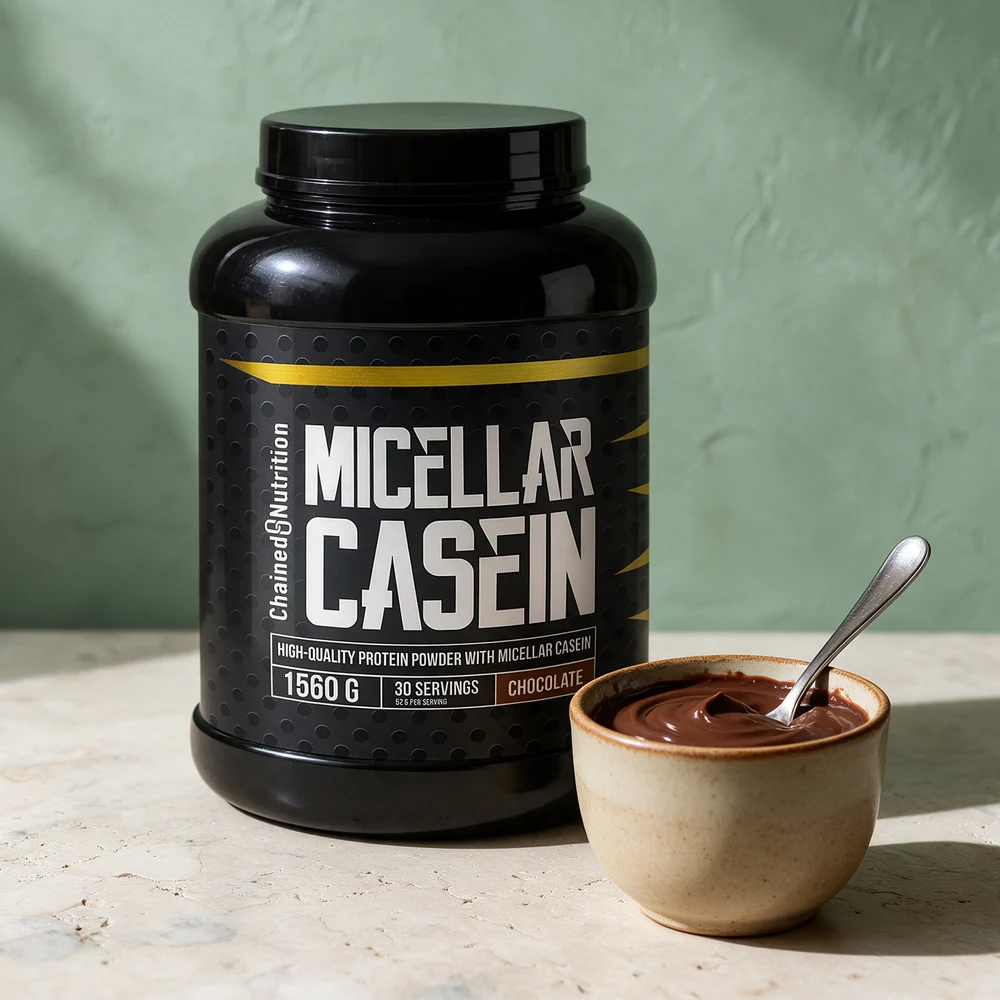 Chained Micellar Kasein, 1 560 grams boks med sjokoladesmak, og en skål sjokoladepudding med skje