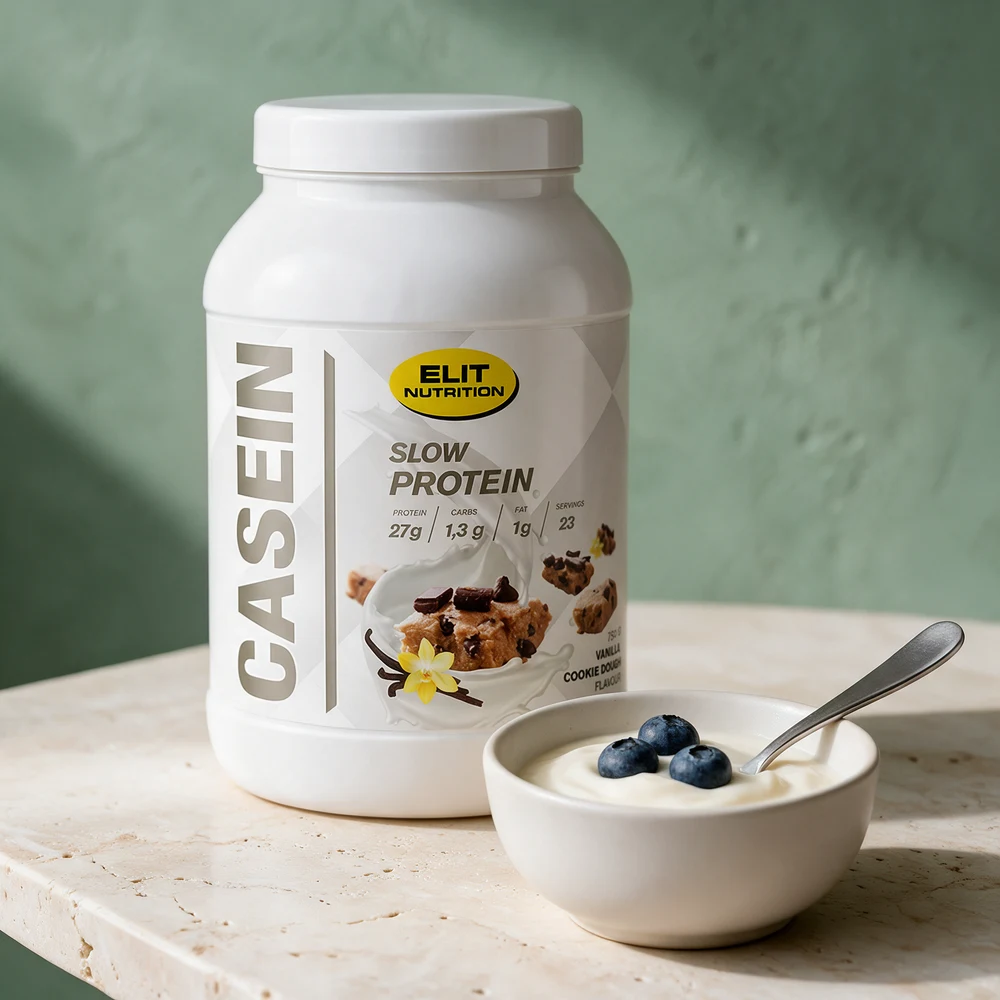Elit Nutrition Kasein, hvit boks med Vanilla Cookie Dough, og en skål kremet pudding med blåbær og skje