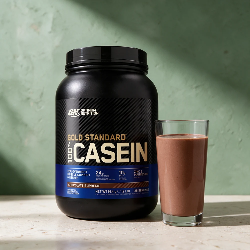 Optimum Nutrition Gold Standard 100% Casein, boks med Chocolate Supreme, og et glass sjokoladedrikk