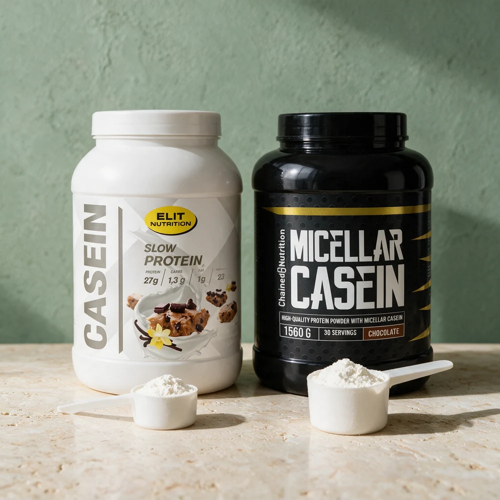 Elit Nutrition Kasein i hvit boks og Chained Micellar Kasein i svart boks, hver med en måleskje hvitt pulver foran