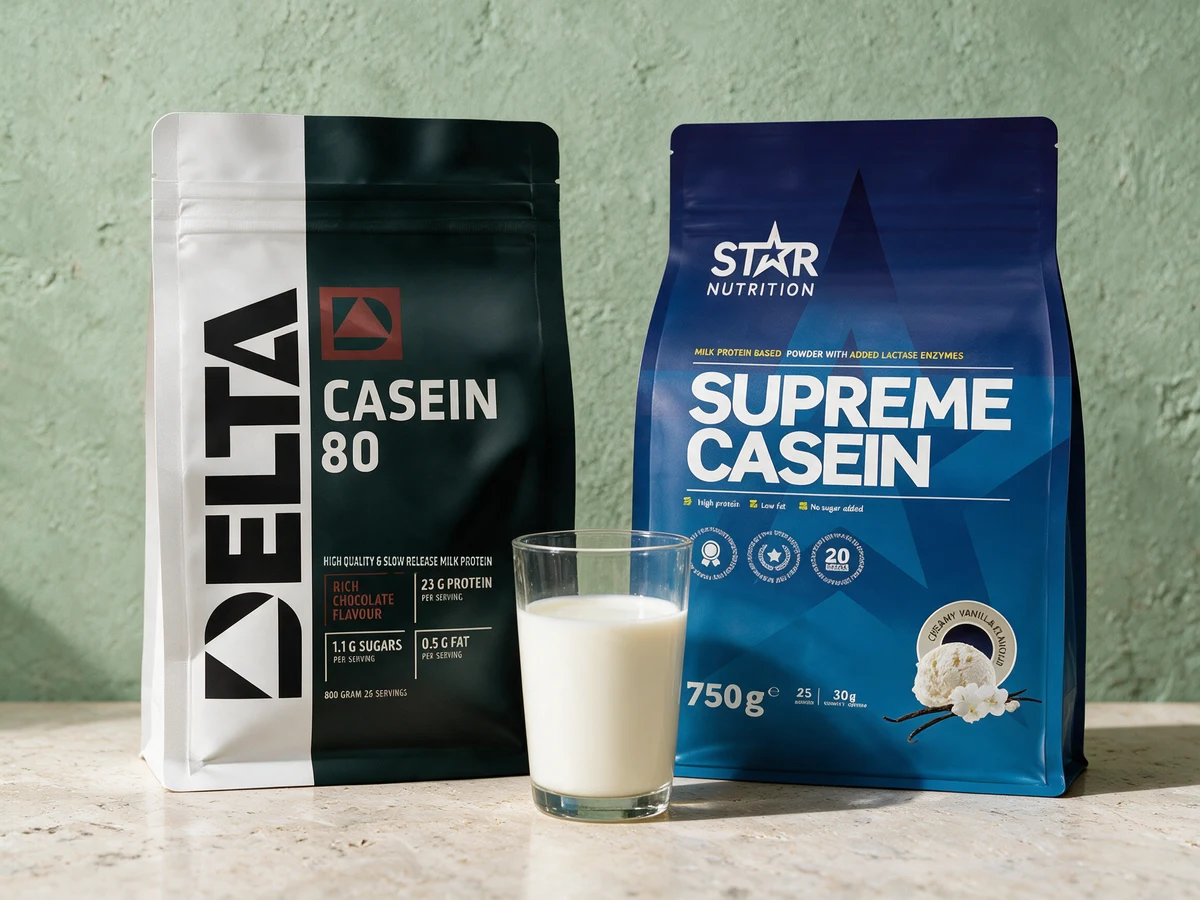 Delta Casein 80 i hvit og mørkegrønn pose og Star Nutrition Supreme Casein 750 g i blå pose, med et glass melk foran