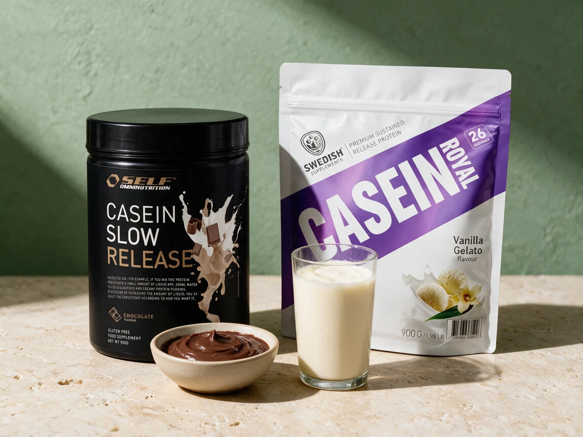 Self Casein Slow Release i svart boks ved en skål sjokoladepudding og Swedish Supplements Casein Royal ved et glass vaniljemilkshake