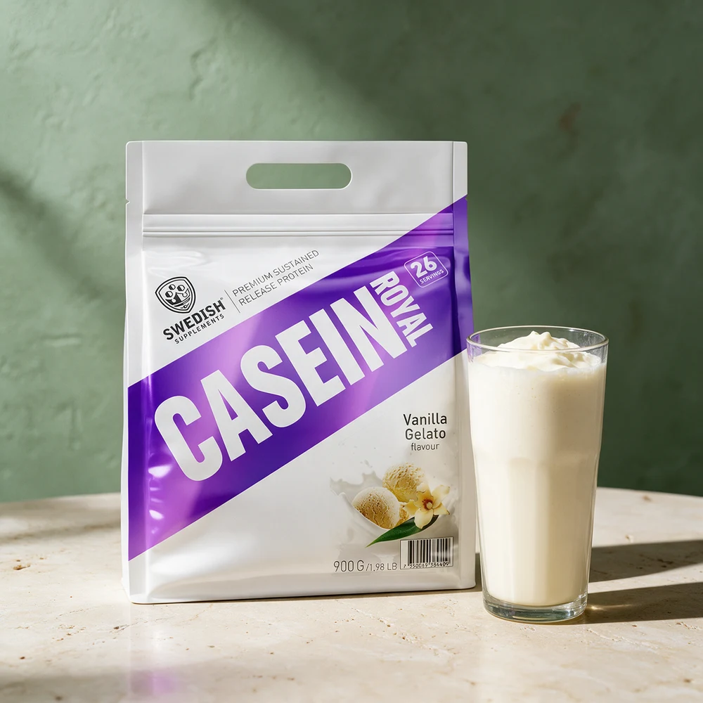 Swedish Supplements Casein Royal, 900 grams pose med Vanilla Gelato, og et glass vaniljemilkshake