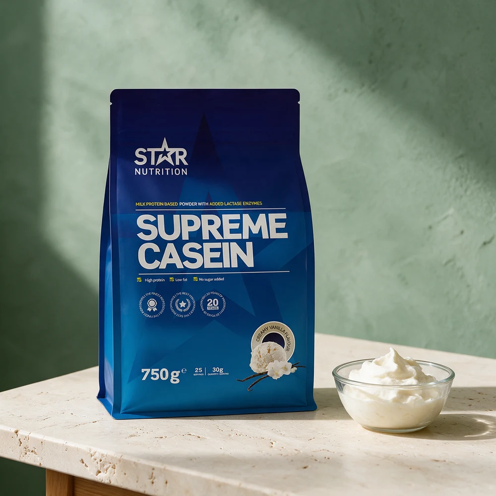 Star Nutrition Supreme Casein 750 g, pose med Creamy Vanilla, og en glassbolle med kremet mousse