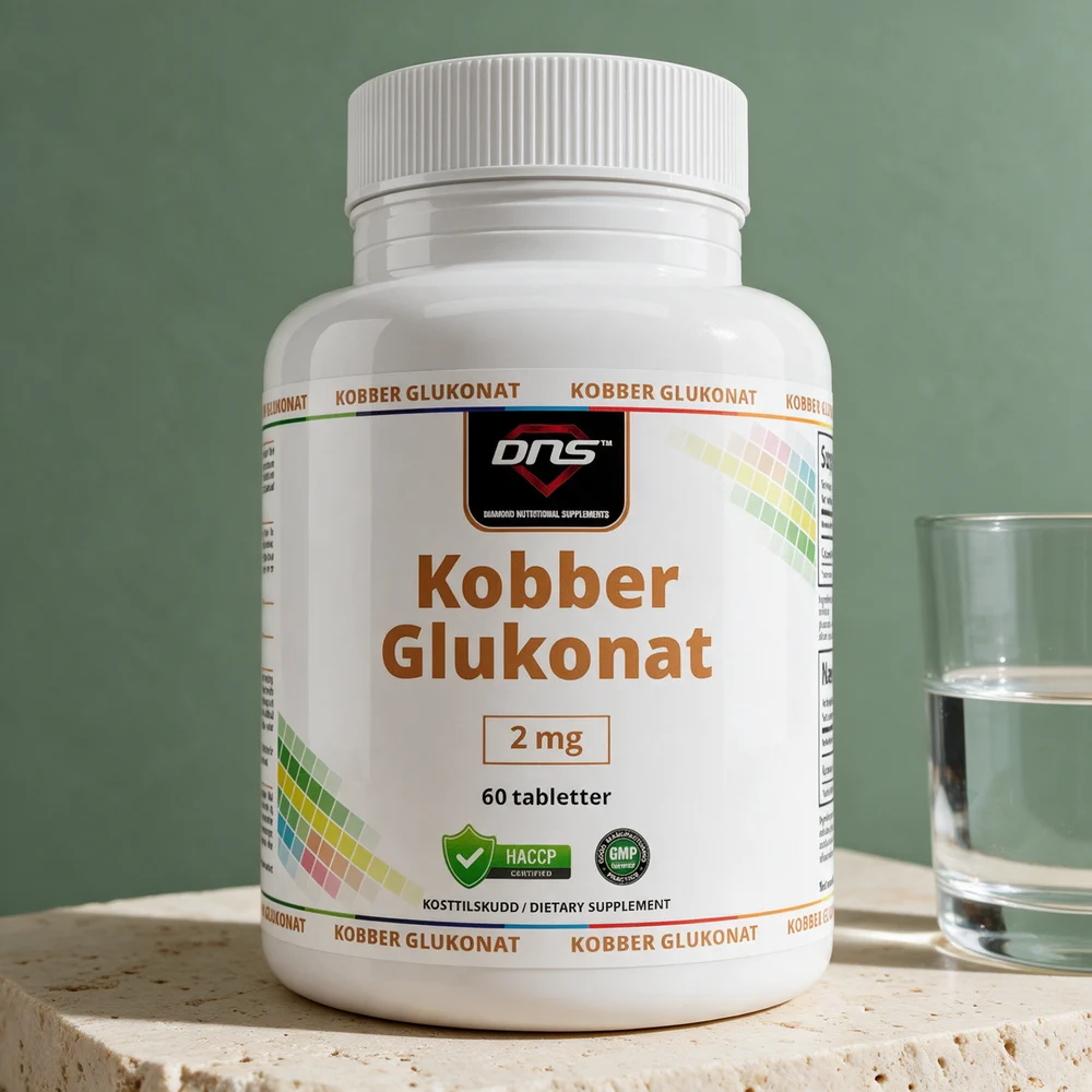 DNS Kobber Glukonat, hvit boks med 60 tabletter à 2 mg