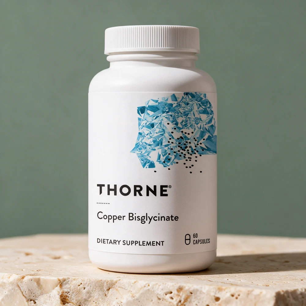 Thorne Copper Bisglycinate, hvit boks med 60 kapsler