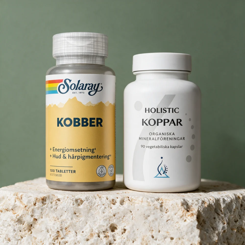 Solaray Kobber, boks med 100 tabletter, og Holistic Kobber, boks med 90 kapsler
