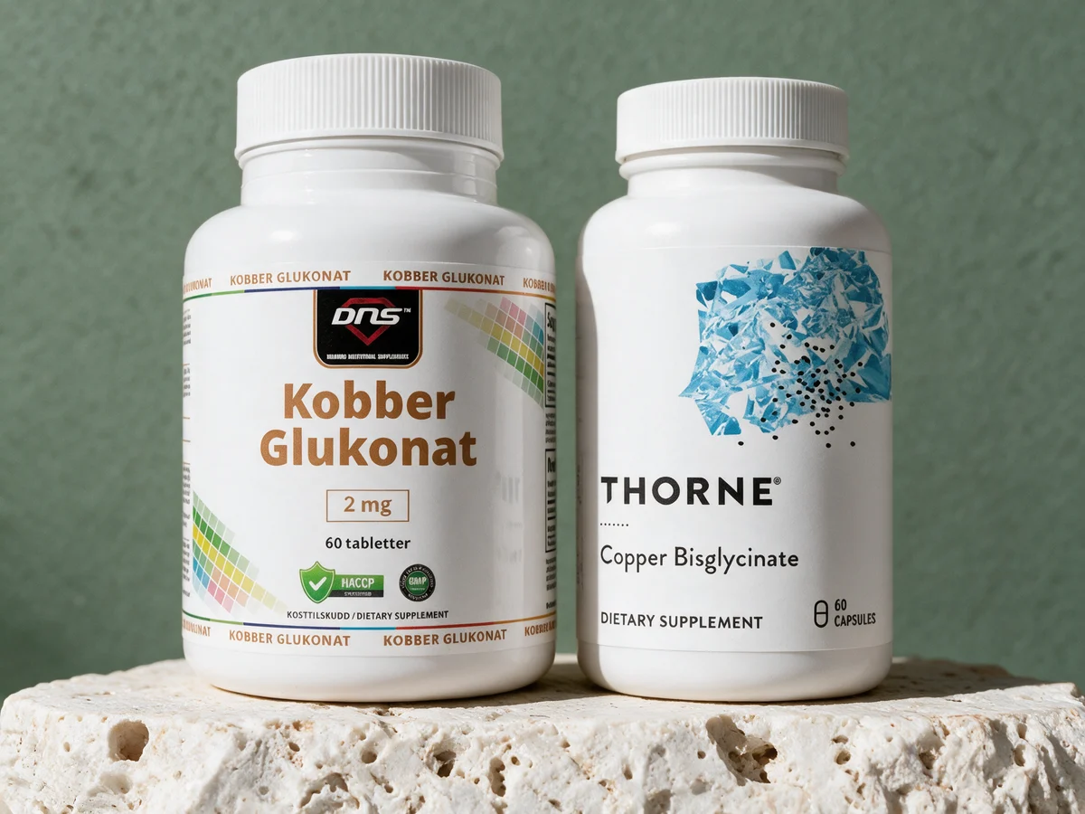 DNS Kobber Glukonat, boks med 60 tabletter, og Thorne Copper Bisglycinate, boks med 60 kapsler