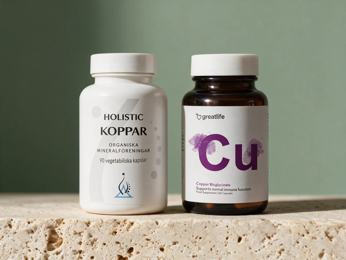 Holistic Kobber, boks med 90 kapsler, og Greatlife Kobberbisglycinat i brun glasskrukke med 60 kapsler