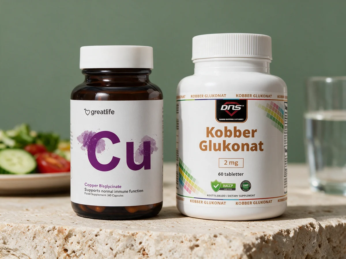 Greatlife Kobberbisglycinat i brun glasskrukke og DNS Kobber Glukonat, boks med 60 tabletter