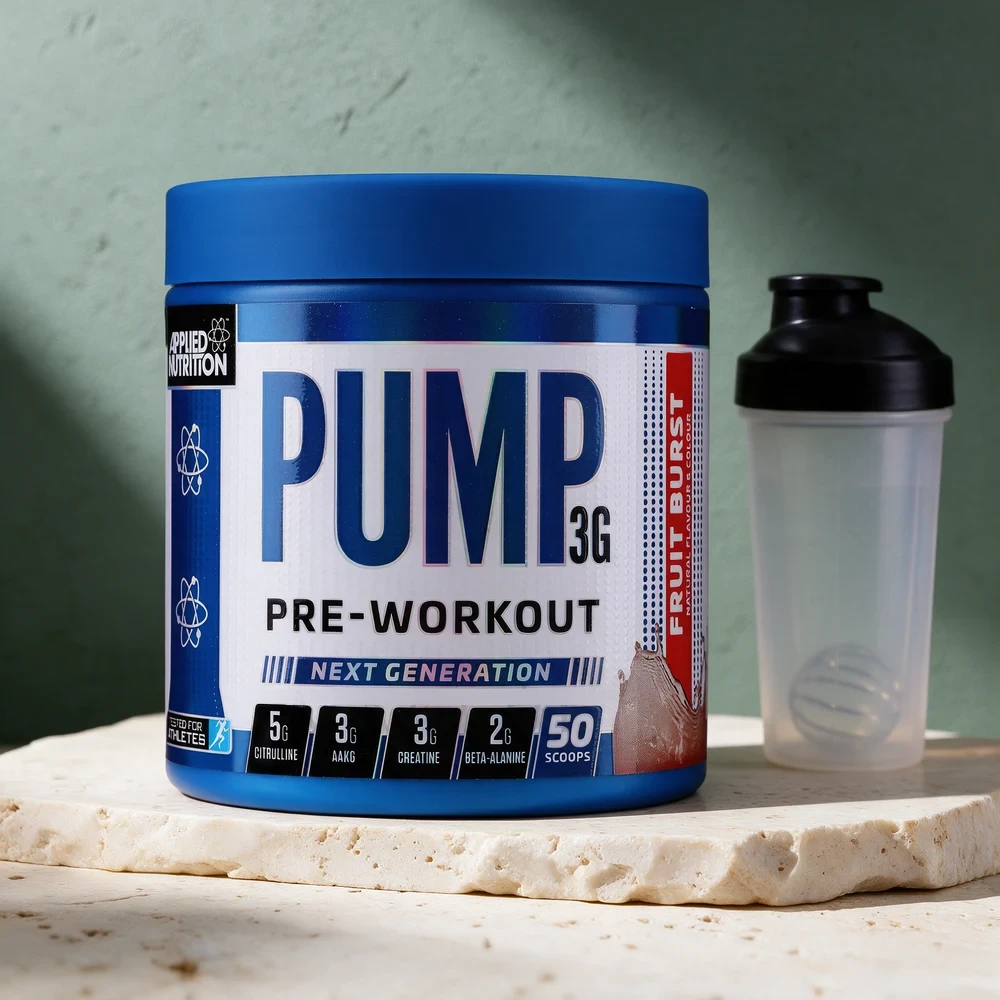 Applied Nutrition Pump 3G Fruit Burst, blå boks på 375 gram med 5 g citrullin, 3 g AAKG, 3 g kreatin og 2 g beta-alanin
