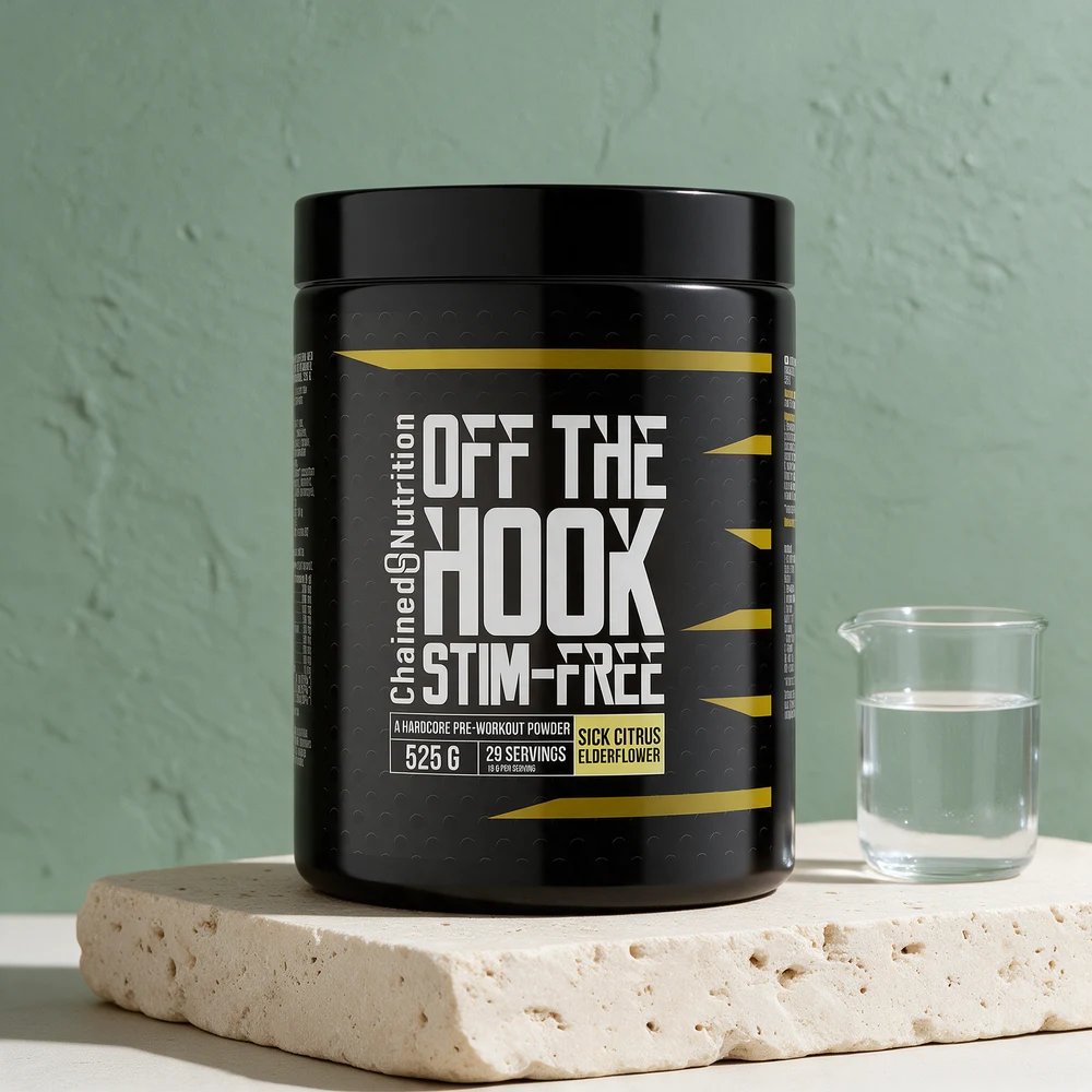 Chained Nutrition Off the Hook Stim Free, svart boks på 525 gram i smaken Sick Citrus Elderflower, 29 doser à 18 gram