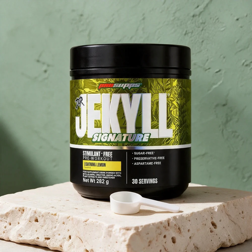 ProSupps Dr. Jekyll Signature V2 Lightning Lemon, svart boks på 282 gram med 30 doser og en tom måleskje foran