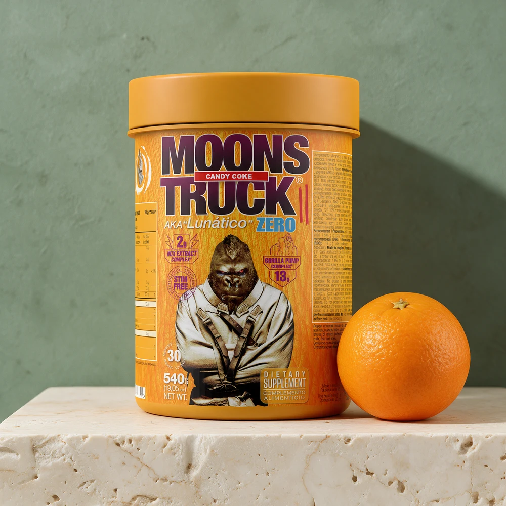 Zoomad Labs Moonstruck Zero Candy Coke, oransje boks på 540 gram med «Gorilla Pump Complex 13 g» og «NOX Extract Complex 2 g»