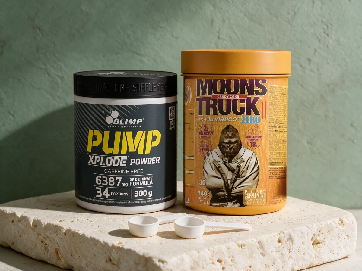 Olimp Pump Xplode, mørkegrå boks, og Zoomad Labs Moonstruck Zero, oransje boks, begge med 3 g L-citrullin i minste dose