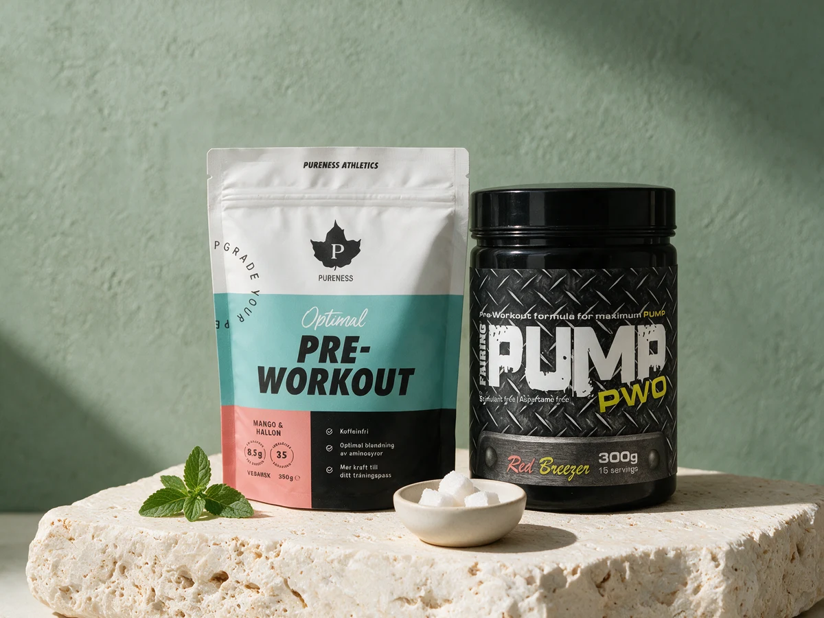 Pureness Athletics PWO i Mango & Hallon, stående pose, og Fairing Pump PWO i Red Breezer, svart boks