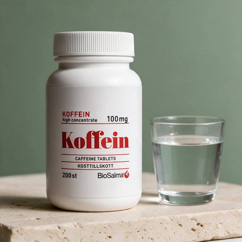 BioSalma Koffein, boks merket «100 mg» og «200 st»