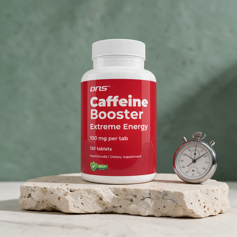DNS Caffeine Booster, boks merket «100 mg per tab» og «120 tablets»