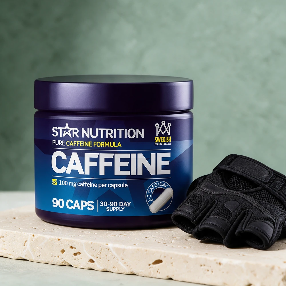 Star Nutrition Caffeine, boks merket «100 mg caffeine per capsule», «90 caps» og «1–3 caps/day»