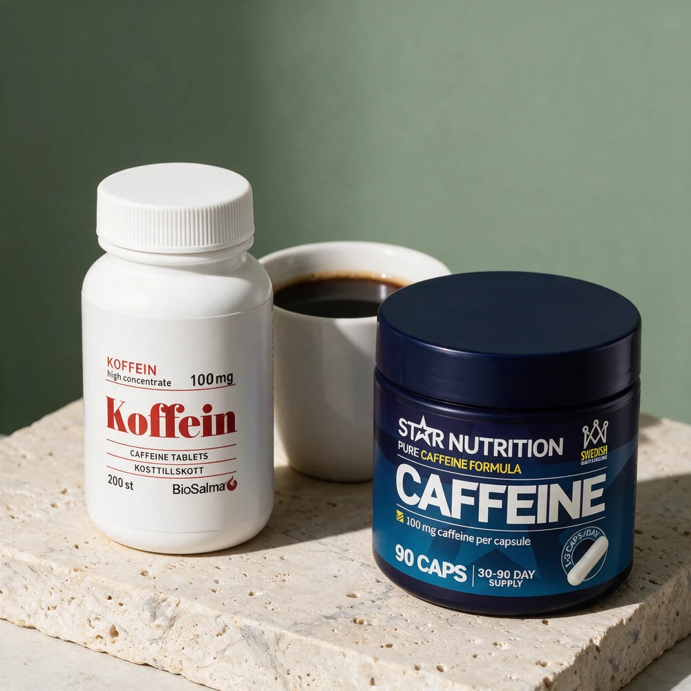 BioSalma Koffein og Star Nutrition Caffeine, begge merket 100 mg per enhet