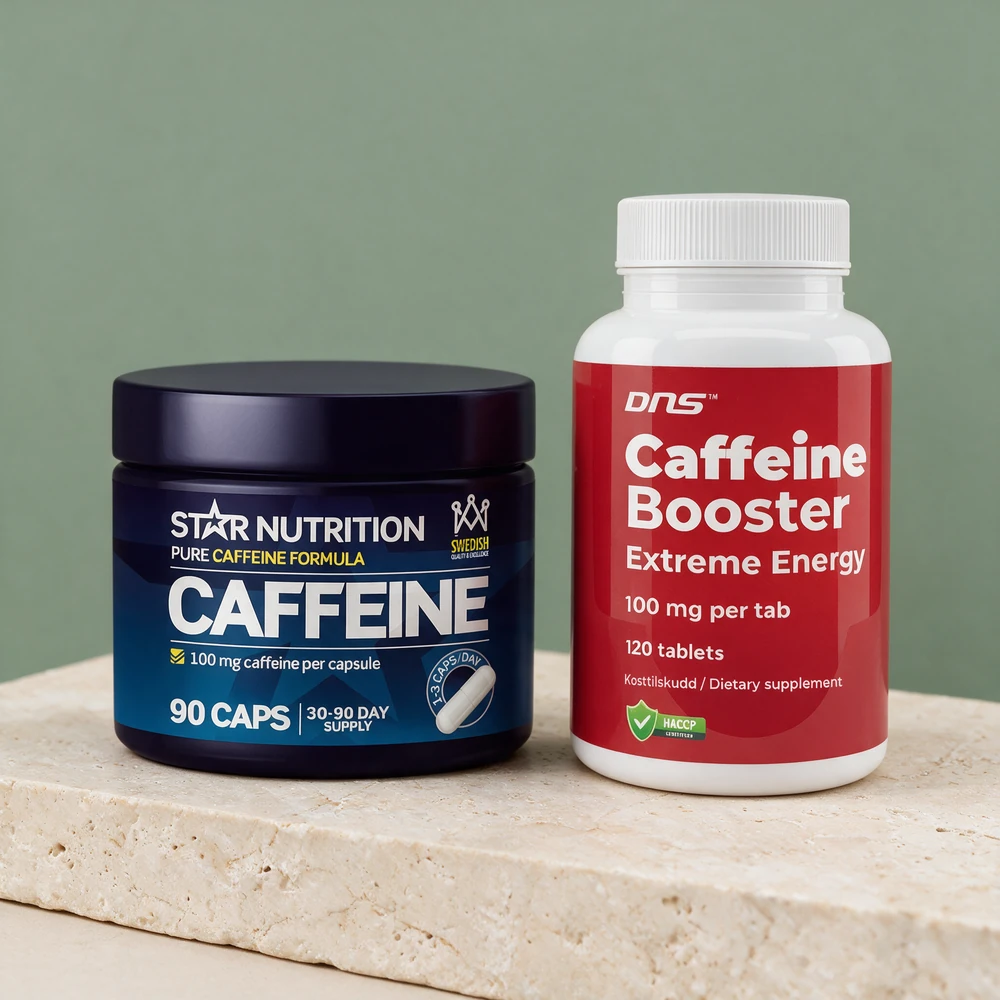 Star Nutrition Caffeine, merket «100 mg caffeine per capsule», og DNS Caffeine Booster, merket «100 mg per tab»