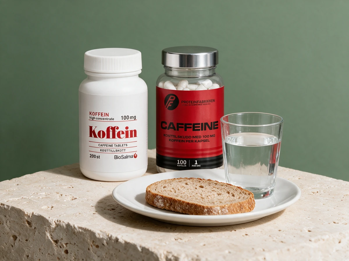 BioSalma Koffein, 100 mg per tablett, og Proteinfabrikken Caffeine, 100 mg per kapsel