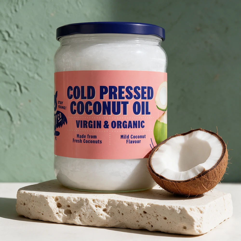 Healthyco Cold Pressed Coconut Oil merket «Virgin & Organic» og «Mild Coconut Flavour»