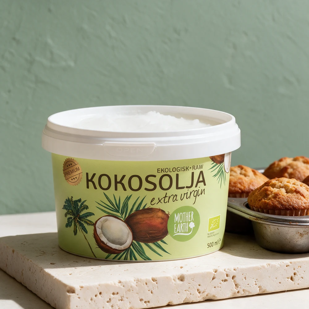 Mother Earth Kokosolja «extra virgin», merket «Raw», i lett plastboks med klikklokk