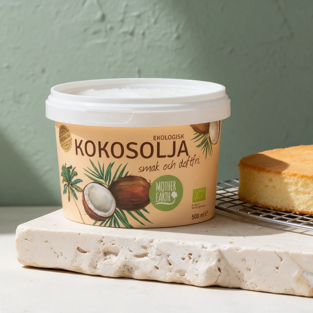 Mother Earth Kokosolja «smak och doftfri» i lav, rund plastboks på 500 ml